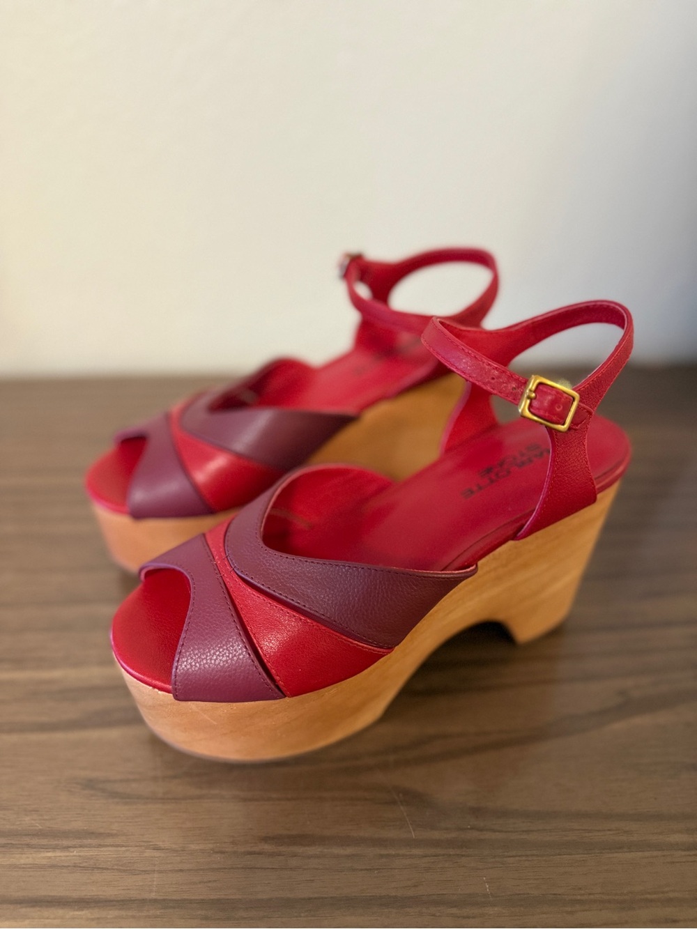 Charlotte Stone Two-Tone Red & Burgundy Platform Wedge Sandals